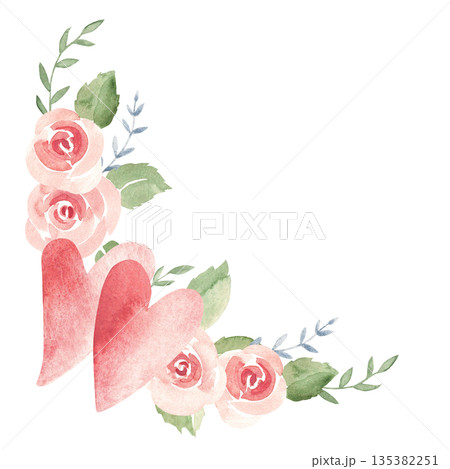 Valentine's day or Wedding floral corner composition from Couple of Hearts, Pink Roses and Branches. Love and Romantic illustration for cards, invitations and prints. 135382251
