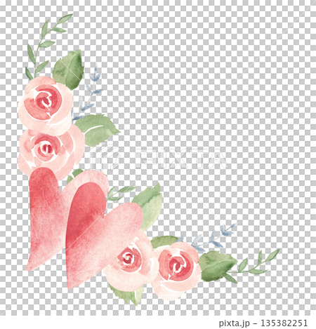 Valentine's day or Wedding floral corner composition from Couple of Hearts, Pink Roses and Branches. Love and Romantic illustration for cards, invitations and prints. 135382251