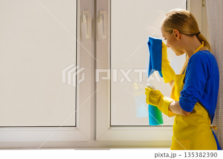 Woman cleaning window at home Woman cleaning window at home 135382390