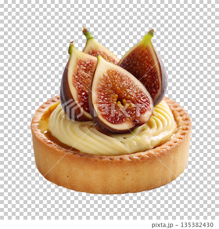 Fig tart with creamy filling and fresh fig slices on top, isolated. Perfect for autumn recipes, bakery displays, and gourmet desserts 135382430