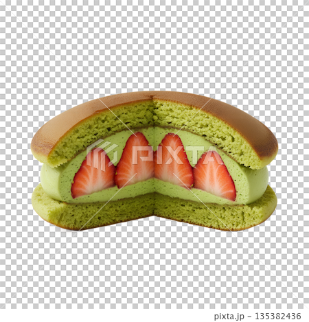 Japanese dorayaki pancake with matcha pancakes and strawberry cream filling, isolated on transparent background, ideal for foodies, asian cafes, and unique pastry ideas Japanese dorayaki pancake with matcha pancakes and strawberry cream filling, isolated on transparent background, ideal for foodies, asian cafes, and unique pastry ideas 135382436