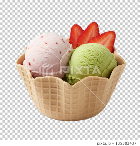 Two scoops of strawberry and matcha green tea ice cream in a waffle bowl, isolated. Perfect summer treat or trendy dessert concept Two scoops of strawberry and matcha green tea ice cream in a waffle bowl, isolated. Perfect summer treat or trendy dessert concept 135382437