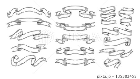 Hand drawn ribbons. Vintage ribbon flags. Doodle empty banners, decorative text header, scroll frame, title for lettering. Sketch outline medieval decor elements. Vector set 135382455