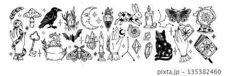 Magic elements. Mystical Halloween sticker. Hand drawn boho esoteric crystals, witch hands, magician book, cat, magical star, female mystical symbols. Vector set Magic elements. Mystical Halloween sticker. Hand drawn boho esoteric crystals, witch hands, magician book, cat, magical star, female mystical symbols. Vector set 135382460