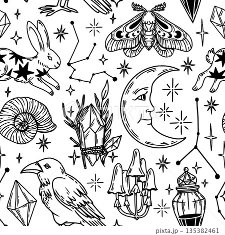 Mystical seamless pattern. Vintage magic background. Hand drawn occult witchcraft elements, gemstones, raven, rabbit, moon, crystals. Halloween esoteric vector print 135382461