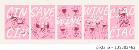 Hand with wine poster. Hands holding glasses with drinks. Hand drawn line chalk people hold wine, champagne, cocktail glass for cards, invitation. Vector set 135382462