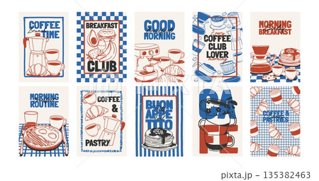 Food poster. Coffee and breakfast banner. Vintage sketch food and drink elements for cafe menu. Hand drawn coffee, pastry, morning meal, baking, cups. Vector cards 135382463