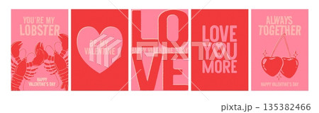 Valentines Day poster. Abstract love banner. Romantic red greeting cards, pink templates with typography, text, hearts, lobsters, cherry. Minimalistic background. Vector set Valentines Day poster. Abstract love banner. Romantic red greeting cards, pink templates with typography, text, hearts, lobsters, cherry. Minimalistic background. Vector set 135382466