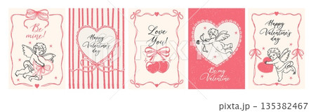 Vintage Valentines Day poster. Romantic love cards. Retro trendy romantic posters with festive frames, cupid, bow, cherry, hearts. Coquette wedding banner. Vector set 135382467