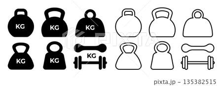 Weight icon. Simple kg mass symbols. Black flat line, silhouette heavy, strength fitness dumbbell, gym kettlebells. Scale power, gram signs, kilogram pictograms. Vector set Weight icon. Simple kg mass symbols. Black flat line, silhouette heavy, strength fitness dumbbell, gym kettlebells. Scale power, gram signs, kilogram pictograms. Vector set 135382515