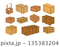Cartoon wooden boxes. Cargo shipping wooden containers, stacked delivery boxes flat vector illustration set. Wood delivery boxes on white 135383204