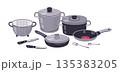 Cooking supplies. Cartoon kitchen tools, pot, frying pan and roasting pan isolated flat vector illustration set. Hand drawn kitchen utensils 135383205