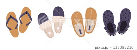 Domestic slippers. Fluffy slippers, flip flops and male and female textile house shoes, home soft and comfy footwear flat vector illustration set. Indoor footwear collection on white 135383210