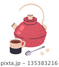 Tea kettle for hot tea beverage. Hand drawn kettle and tea cup, retro style kitchenware flat vector illustration. Vintage kitchen tableware on white 135383216