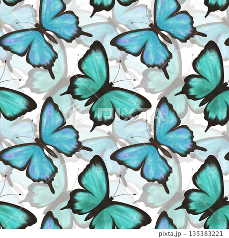 Delicate blue and green butterflies on a white background, seamless pattern Delicate blue and green butterflies on a white background, seamless pattern 135383221