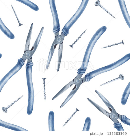 Seamless pattern with pliers and self-tapping screws on an isolated background. Watercolor illustration with realistic working tools. It is suitable for wrapping paper, wallpaper and any design in Seamless pattern with pliers and self-tapping screws on an isolated background. Watercolor illustration with realistic working tools. It is suitable for wrapping paper, wallpaper and any design in 135383569