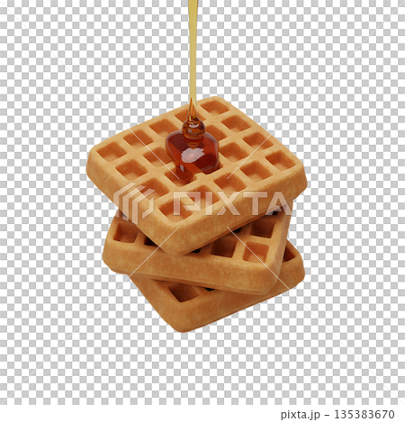 Stack of golden brown waffles with syrup pouring over the top, 3d isolated. Ideal for breakfast menus, cozy cafes, and food ads Stack of golden brown waffles with syrup pouring over the top, 3d isolated. Ideal for breakfast menus, cozy cafes, and food ads 135383670