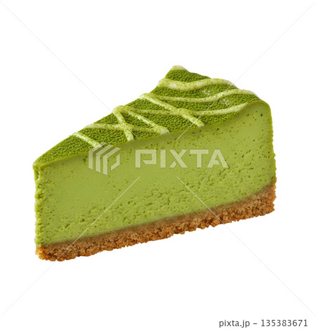 Delicious slice of matcha green tea cheesecake with crumbly biscuit base, isolated. Perfect for modern dessert menus, cafes, and food blogs 135383671