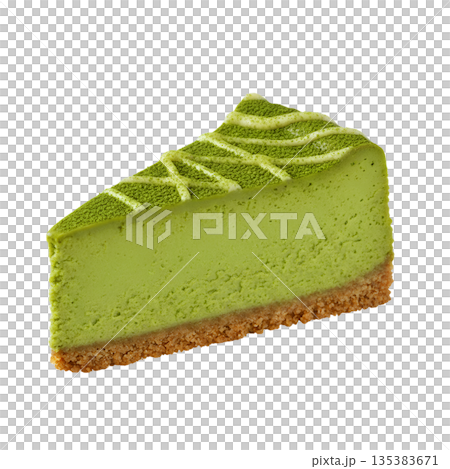 Delicious slice of matcha green tea cheesecake with crumbly biscuit base, isolated. Perfect for modern dessert menus, cafes, and food blogs 135383671