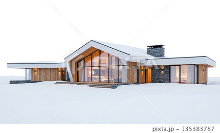 Modern Snowy House with Wooden Accents and Large Windows 135383787
