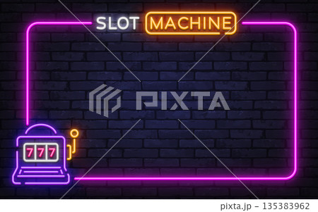 Colorful neon slot machine frame with lucky symbols on dark wall. Ideal for casino games, bonus screens, or jackpot banners. Colorful neon slot machine frame with lucky symbols on dark wall. Ideal for casino games, bonus screens, or jackpot banners. 135383962