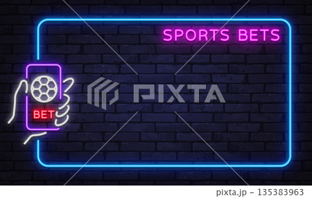 Modern neon sports bets frame with smartphone and football icon. Great for betting apps, sport promotions, or online platforms. Modern neon sports bets frame with smartphone and football icon. Great for betting apps, sport promotions, or online platforms. 135383963