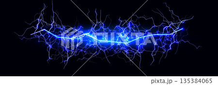 Thunder Storm Lightning Power Neon Effect Energy Line Background. Spark Flash Black Blue Charge. Realistic Magic Shock Bolt Blue Glow Bright. Lightening Strike Storm Thunderbolt. Vector illustration. 135384065