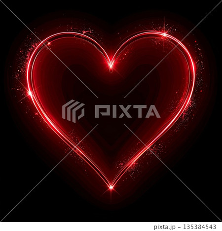 Glowing Red Heart Shape Outline with Sparkles on a Dark Background 135384543