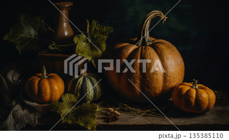 秋の実りを感じるかぼちゃの静物構成 / ナチュラルで温かみのあるキッチン・収穫イメージ素材 秋の実りを感じるかぼちゃの静物構成 / ナチュラルで温かみのあるキッチン・収穫イメージ素材 135385110