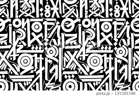 White brush calligraphy symbols seamless pattern on black background, decorative ornamental composition for elegant design projects and backgrounds 135385196