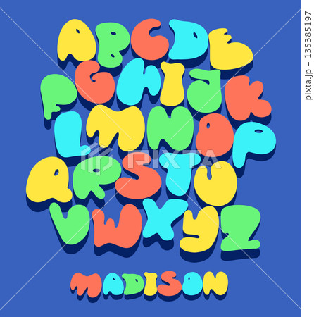 Bubble balloon alphabet font. Vector playful bubble gum style with cute letters in a cartoon candy aesthetic. Perfect for kids books, posters, and fun designs. Vector illustration 135385197
