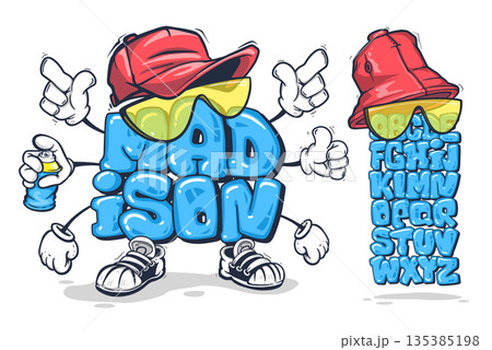 Graffiti bubble alphabet, graffiti street art font with characters in caps and expressive hand gestures. Fun urban cartoon style for creative design projects 135385198