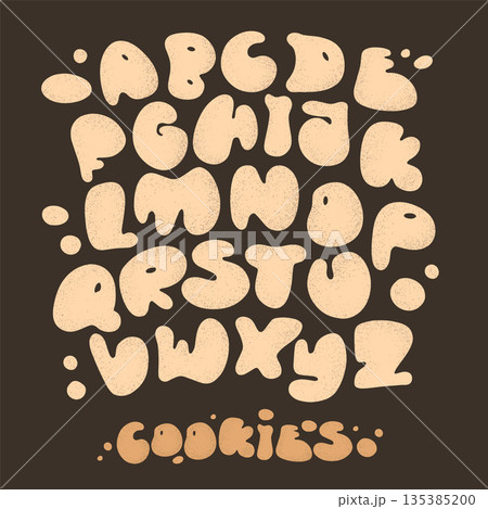Cookies alphabet on brown background. Fun cartoon-style cookie letters, perfect for kids' designs, posters, and festive illustrations Cookies alphabet on brown background. Fun cartoon-style cookie letters, perfect for kids' designs, posters, and festive illustrations 135385200