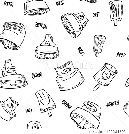 Seamless pattern with graffiti caps, spray can nozzles, and hand-drawn tags. Urban street art background with lettering elements in hip-hop style 135385202