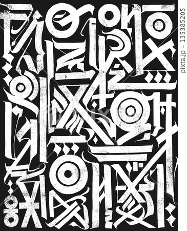 Lettering calligraphy grunge abstract pattern design composition with noise. Artistic blend of hand-drawn typography, grunge elements, and textured details 135385205