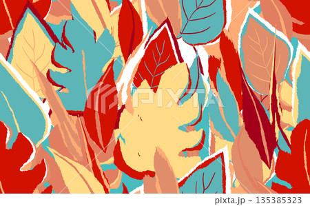 Floral seamless with hand drawn color exotic monstera leaves. Cute summer background. Tropic branches. Modern floral compositions. Fashion vector illustration for wallpaper, fabric, textile 135385323