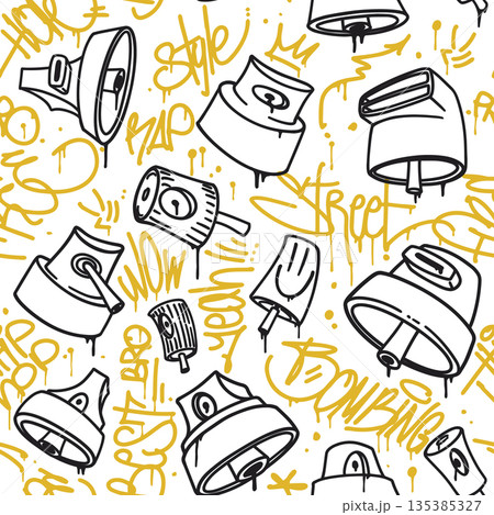 Seamless pattern featuring graffiti caps, spray can nozzles, and hand-drawn tags with dripping effects. Urban street art background with hip-hop style lettering elements Seamless pattern featuring graffiti caps, spray can nozzles, and hand-drawn tags with dripping effects. Urban street art background with hip-hop style lettering elements 135385327
