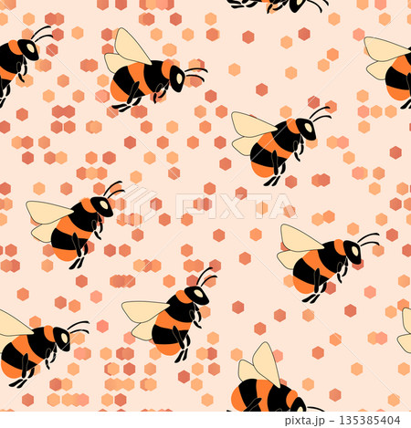 Seamless pattern with bees. Small wasp. Vector illustration. Design for invitation, cards, textile, fabric. Doodle style 135385404