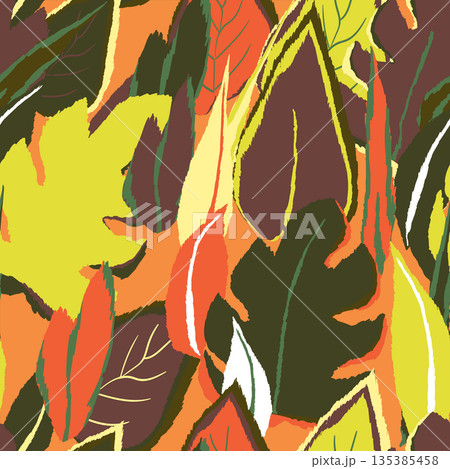 Floral seamless with hand drawn color exotic monstera leaves. Cute summer background. Tropic branches. Modern floral compositions. Fashion vector illustration for wallpaper, fabric, textile 135385458