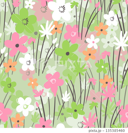 Seamless floral pattern based on traditional folk art ornaments. Colorful flowers on color background. Scandinavian style. Sweden nordic style. Vector illustration. Simple minimalistic pattern Seamless floral pattern based on traditional folk art ornaments. Colorful flowers on color background. Scandinavian style. Sweden nordic style. Vector illustration. Simple minimalistic pattern 135385460