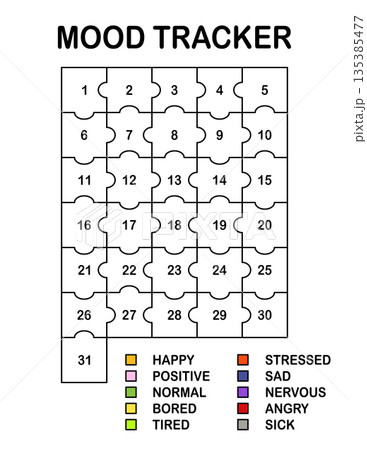 Mood tracker in pixels. Calendar munthly, yearly, weekly, dayly organizer. Calendar for personal and work issues. Feelings Planner, habit tracker. Vector illustration. 135385477