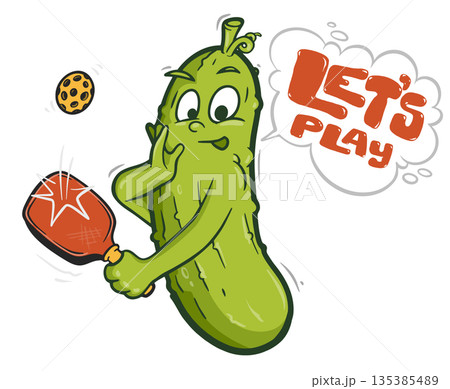 Cartoon Pickleball character swings, hits the ball, and says Let's play Cartoon Pickleball character swings, hits the ball, and says Let's play 135385489