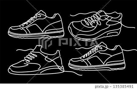 Continuous One-Line Sneaker Drawing Vector Set on a Black Background, Minimalist Monoline Illustration Pack Continuous One-Line Sneaker Drawing Vector Set on a Black Background, Minimalist Monoline Illustration Pack 135385491