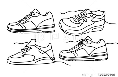 Continuous one-line sneaker drawing vector set on a white background. Minimalist monoline illustration for modern design and fashion projects Continuous one-line sneaker drawing vector set on a white background. Minimalist monoline illustration for modern design and fashion projects 135385496