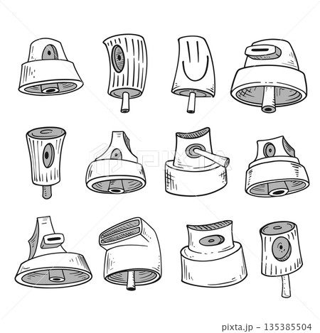 Graffiti caps and spray can nozzles set in hip-hop street art style. Urban collection of elements from graffiti culture. Print design Graffiti caps and spray can nozzles set in hip-hop street art style. Urban collection of elements from graffiti culture. Print design 135385504
