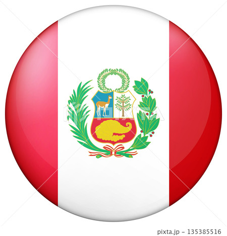 Glass light ball with flag of Peru. Round sphere, template icon. Peruvian islands national symbol. Glossy realistic ball, 3D abstract vector illustration. Big bubble 135385516