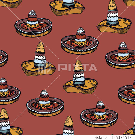 Seamless patterm with Mexican ethnic sombrero hat. Vector drawing illustration for packaging, wallpaper, fabric. Wild west, Mexico, Cuba concept. Traditional Mexican wide brimmed hat Seamless patterm with Mexican ethnic sombrero hat. Vector drawing illustration for packaging, wallpaper, fabric. Wild west, Mexico, Cuba concept. Traditional Mexican wide brimmed hat 135385518