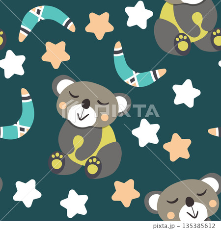 Seamless pattern with cute koala, bear baby on color background. Funny australian animals. Card for kids. Flat vector illustration for fabric, textile, wallpaper, poster, paper Seamless pattern with cute koala, bear baby on color background. Funny australian animals. Card for kids. Flat vector illustration for fabric, textile, wallpaper, poster, paper 135385612