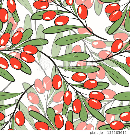 Seamless pattern with sea buckthorn. Natural fresh ripe tasty berries. Vector illustration for background, packaging, textile, fabric and various other designs Seamless pattern with sea buckthorn. Natural fresh ripe tasty berries. Vector illustration for background, packaging, textile, fabric and various other designs 135385613