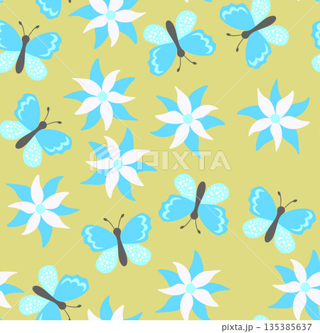Seamless blooming floral pattern based on hand drawn art ornaments. Colorful flowers, leaves, plants on color background. Vector illustration. Simple minimalistic pattern for fabric, textile Seamless blooming floral pattern based on hand drawn art ornaments. Colorful flowers, leaves, plants on color background. Vector illustration. Simple minimalistic pattern for fabric, textile 135385637